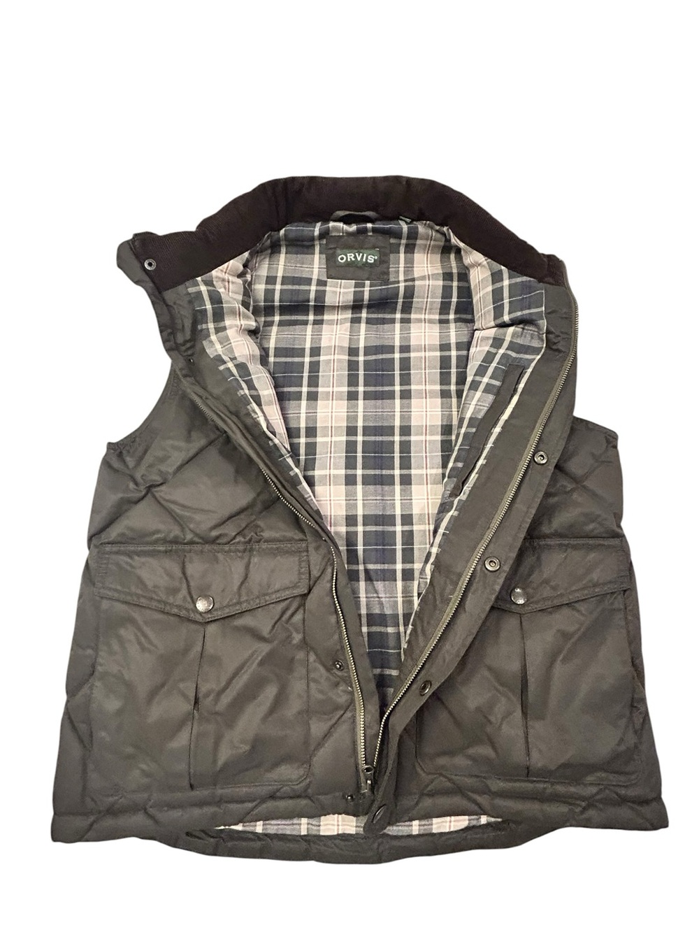 Orvis Waxed Cotton Quilted Down Fill Puffer Vest Plaid Lined Corduroy Collar M